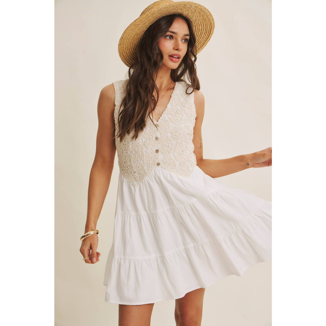 Dresses - FRENCH PICNIC MIXED MEDIA COTTON CROCHET MINI DRESS - - Cultured Cloths Apparel
