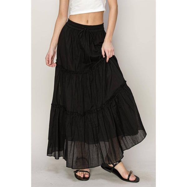 Women's Skirts - Cotton Voile Tiered Midi Skirt - BLACK - Cultured Cloths Apparel