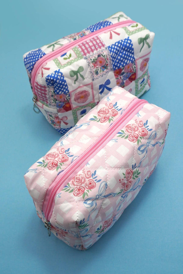 Accessories, Bags - BOW QUILTED COTTON FLORAL COSMETIC POUCH BAG - - Cultured Cloths Apparel