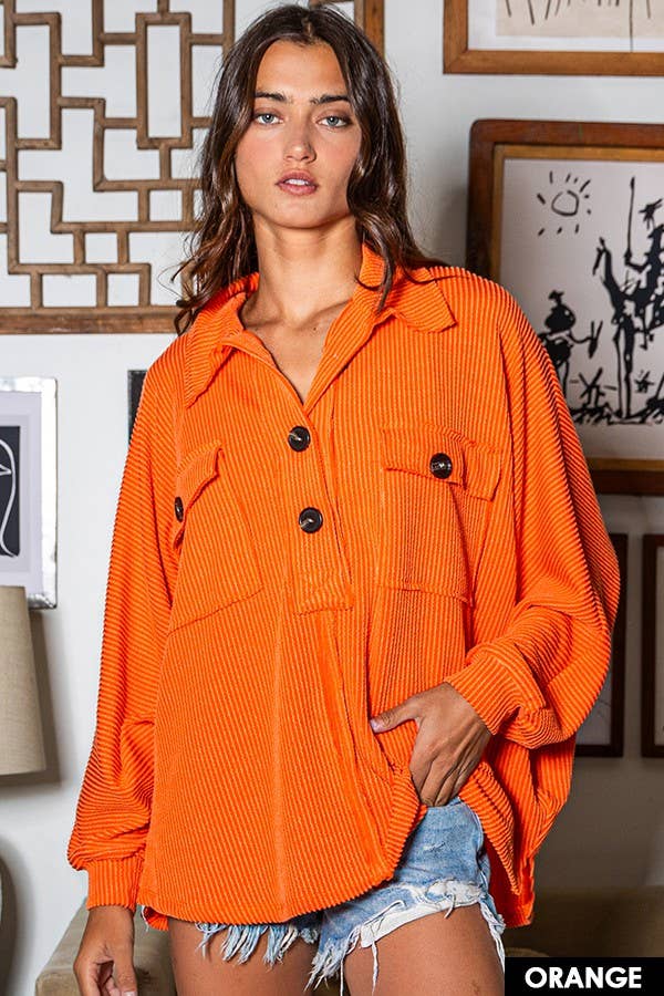 T1578-3 Solid Texture Knit Collared Loose Fit Top