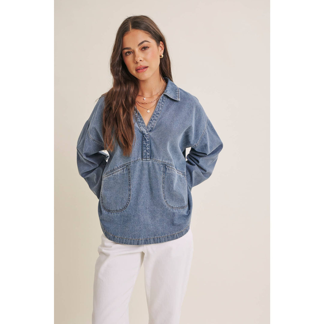 EASY LIVING MINERAL-WASHED COTTON DENIM OVERSIZED POCKET TOP
