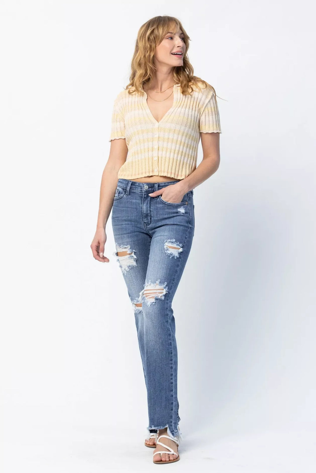 Denim - Judy Blue Full Size Mid Rise Destroy Straight Jeans Plus Size - - Cultured Cloths Apparel