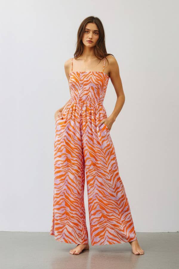 Romper - Wide Legs Smocked Floral Print Jumpsuit - - Cultured Cloths Apparel