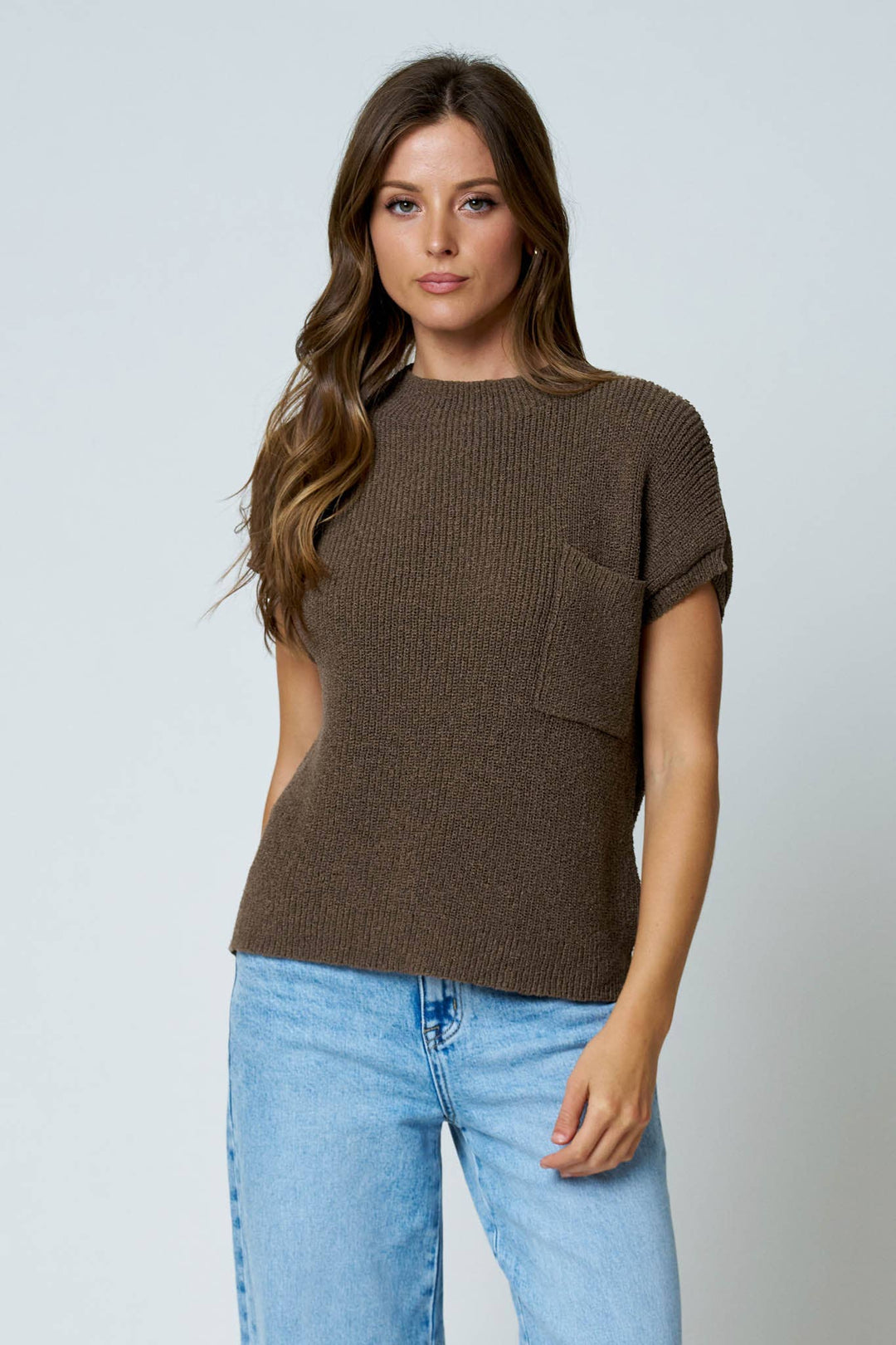 POCKET DETAIL DROP SHOULDER SHORT SLEEVE SWEATER