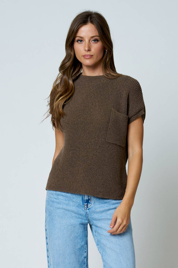 POCKET DETAIL DROP SHOULDER SHORT SLEEVE SWEATER