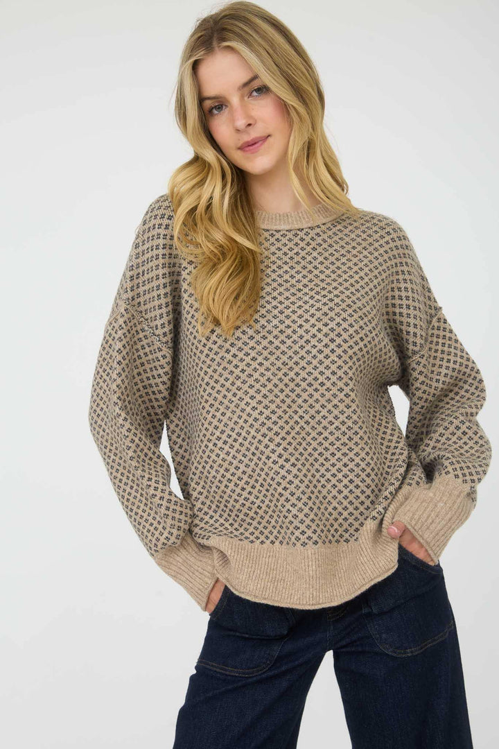 Women's Sweaters - MINI JACQUARD CREW NECK LONG SLEEVE KNIT SWEATER - - Cultured Cloths Apparel