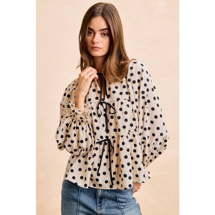 Women's Short Sleeve - Polka Dot Tiered Peplum Bow Tied Top With Shirring - - Cultured Cloths Apparel
