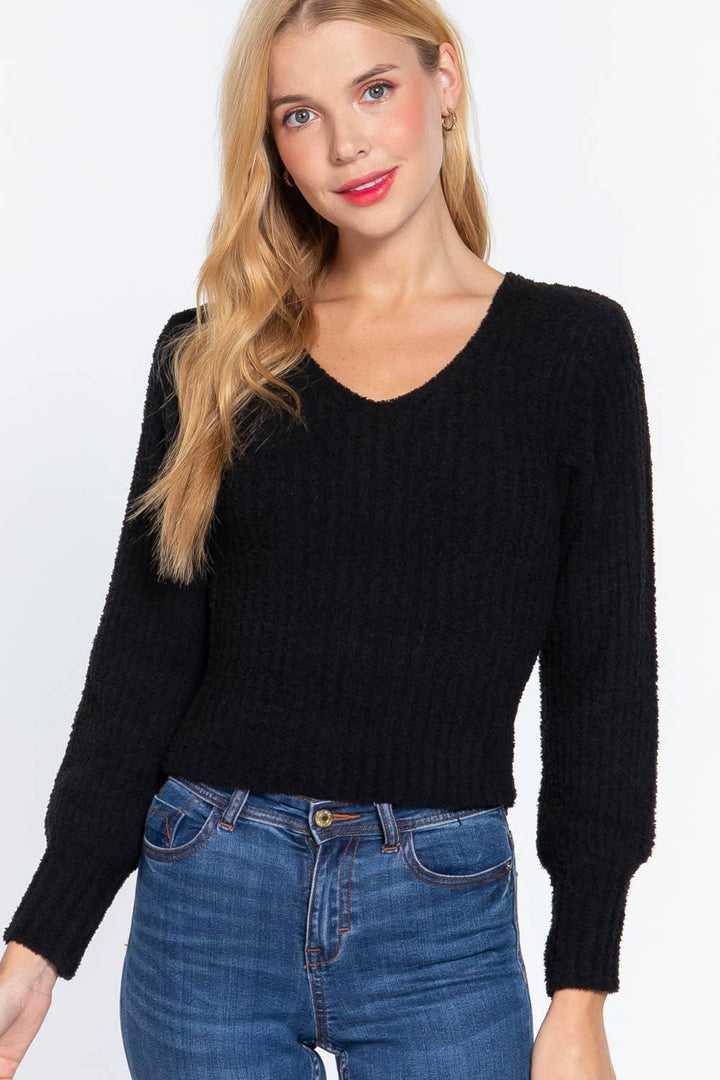 Women's Sweaters - Long Puff Sleeve V-neck Rib Sweater Top - - Cultured Cloths Apparel
