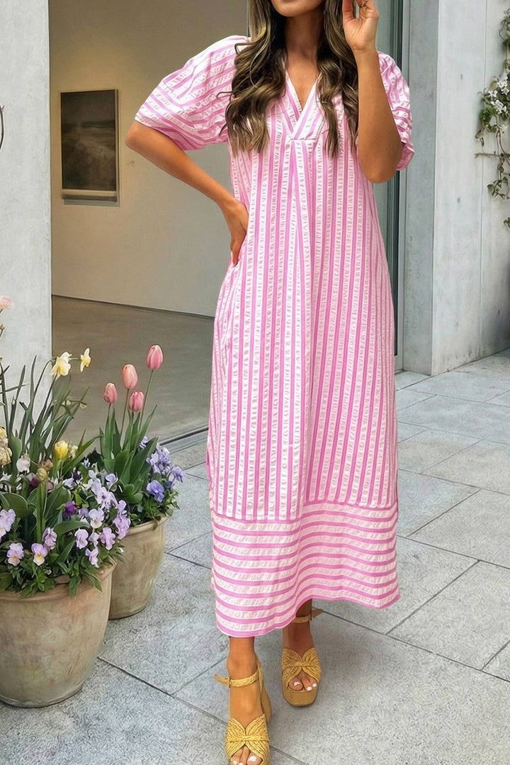 Women's Dresses - 66 Stripe V Neck Short Sleeve Shift Long Dress (S-XL) - - Cultured Cloths Apparel