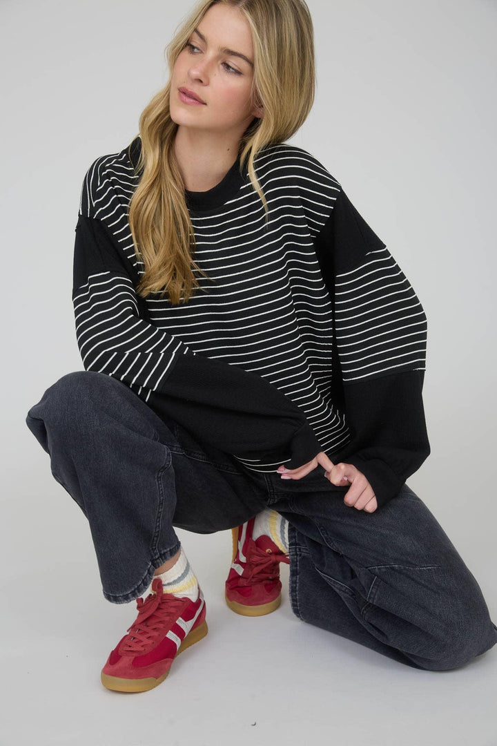 Women's Long Sleeve - CONTRAST STRIPE RAW EDGE LONG SLEEVE KNIT TOP - - Cultured Cloths Apparel