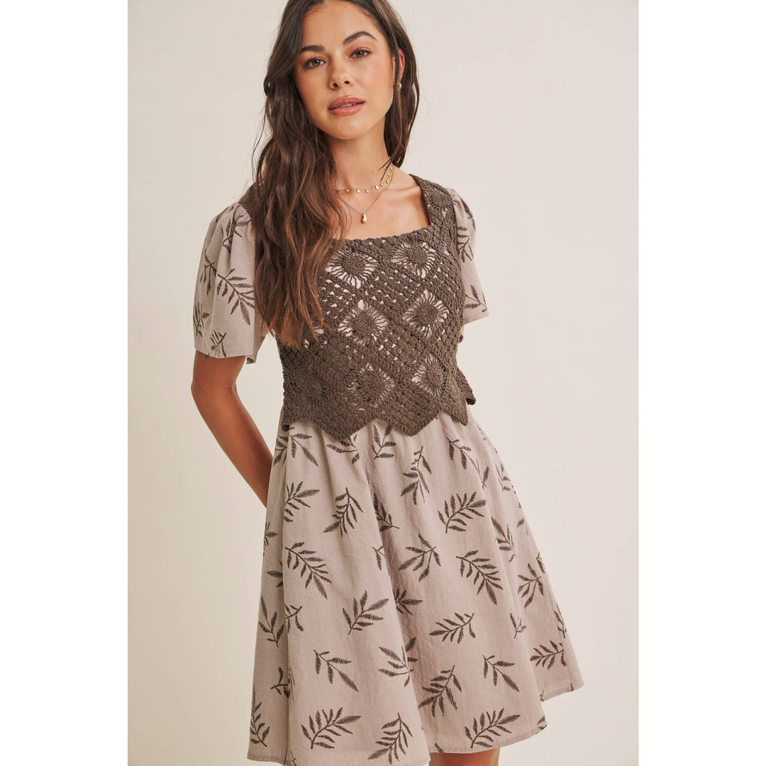 Women's Dresses - ARTISAN CROCHET FERN PRINT SMOCKED BABYDOLL MINI DRESS - - Cultured Cloths Apparel