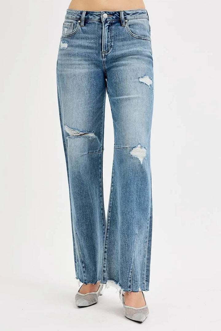 Denim - RISEN Full Size Mid Rise Fit Wide Baggy Leg Tie Washed Jeans - - Cultured Cloths Apparel