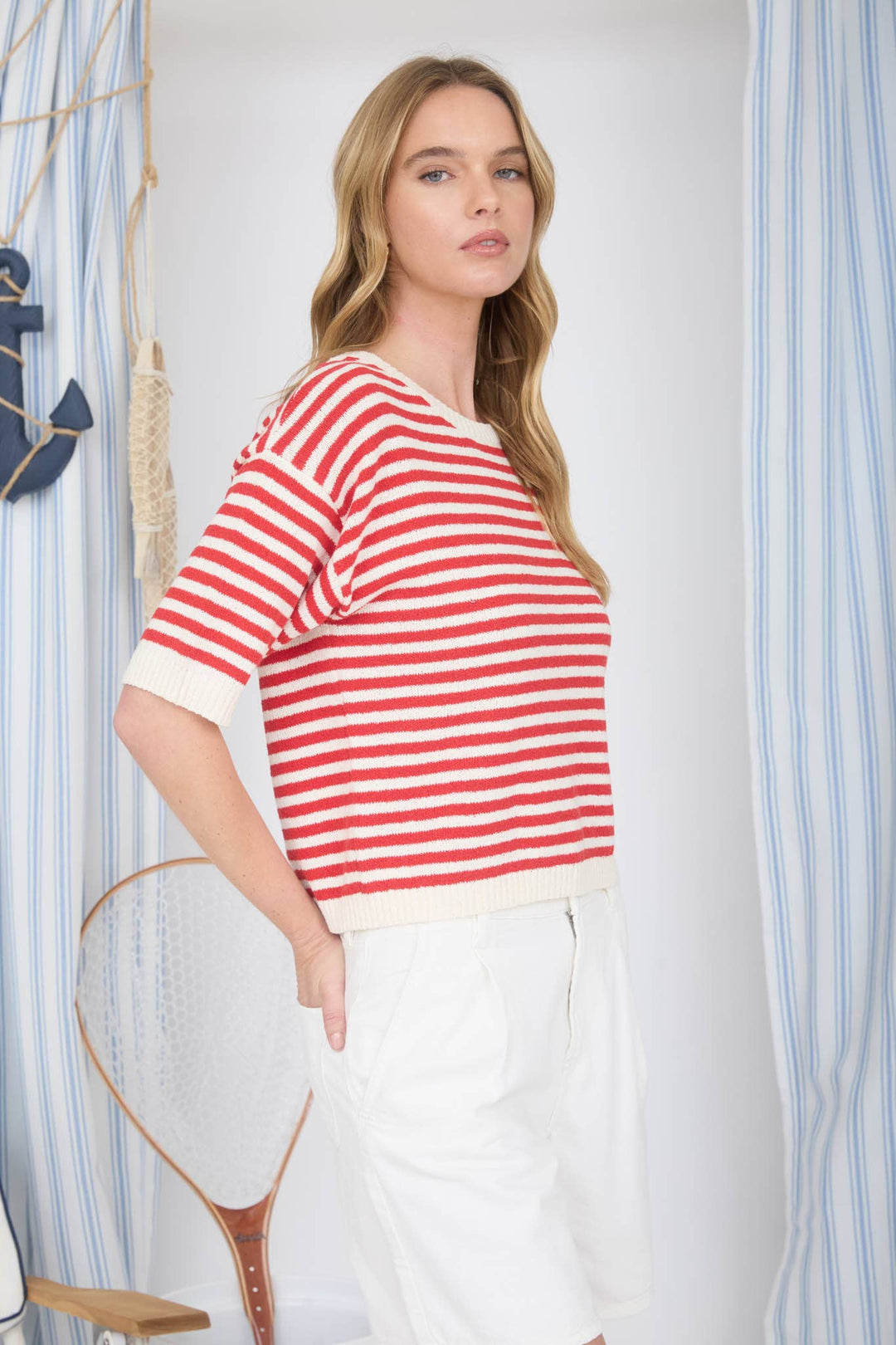 STRIPE CONTRAST TRIM SHORT SLEEVE KNIT SWEATER