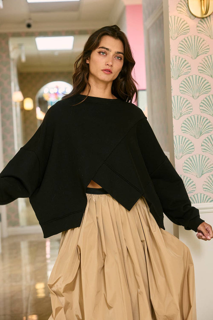 Women's Long Sleeve - Asymmetric Hem Solid Terry Sweatshirt Top - - Cultured Cloths Apparel