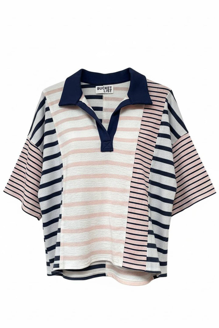 Women's Short Sleeve - Stripe-block Collar Short-sleeve Top - - Cultured Cloths Apparel