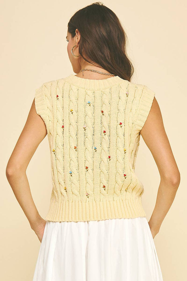 Women's Sleeveless - FLORAL EMBROIDERED CABLE KNIT SWEATER VEST - - Cultured Cloths Apparel