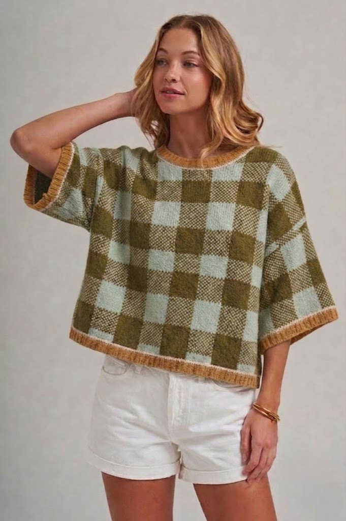 FALL CHECKERED GINGHAM DROP SHOULDER SWEATER TOP