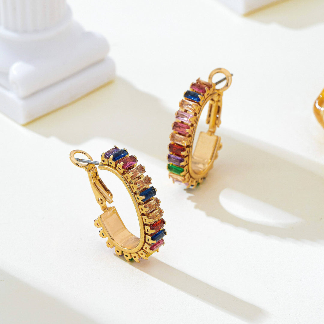 Accessories, Earrings - Multicolor Baguette Crystal Hoop Earrings | 80E62401 - - Cultured Cloths Apparel