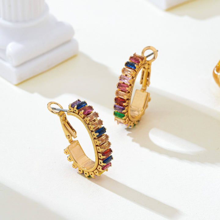 Accessories, Earrings - Multicolor Baguette Crystal Hoop Earrings | 80E62401 - - Cultured Cloths Apparel
