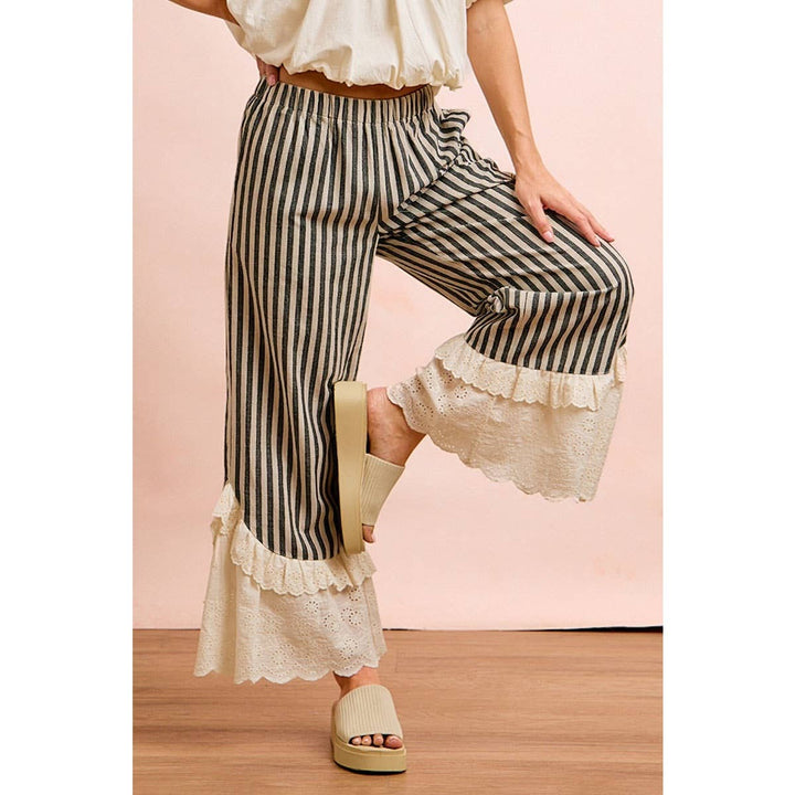 Pants - STRIPE WOVEN RUFFLED LACE HEM PANTS WITH SIDE POCKET - - Cultured Cloths Apparel