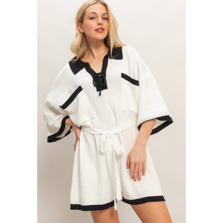 Women's Rompers - Knit Romper With Contrast Tie - - Cultured Cloths Apparel