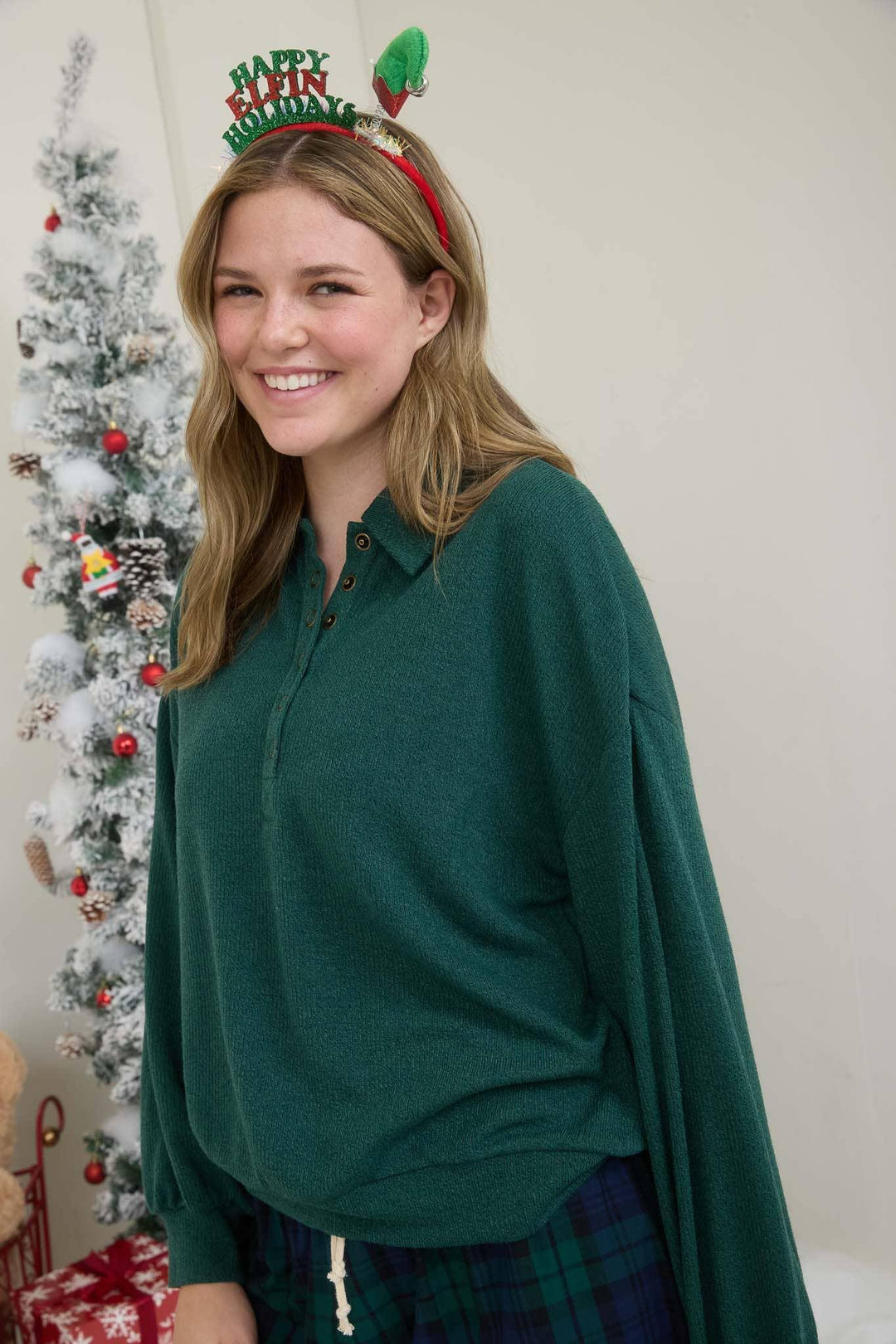 COLLARED HALF SNAP BUTTON LONG SLEEVE KNIT TOP