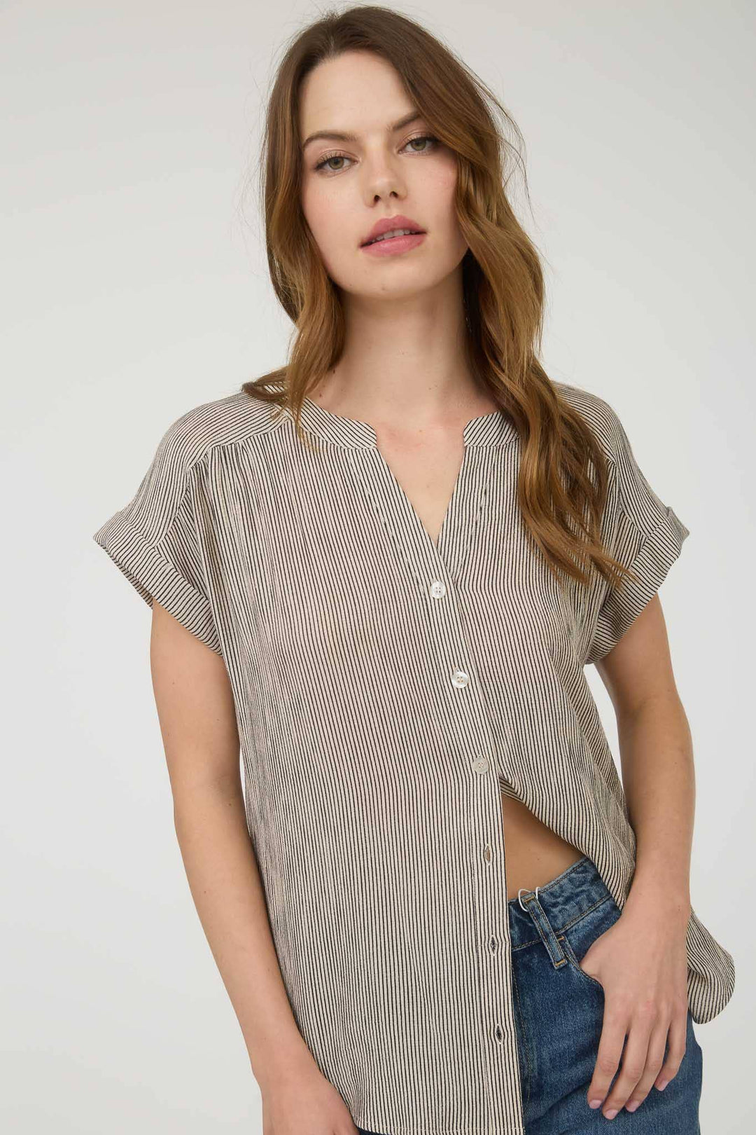 Women's Short Sleeve - PINSTRIPE SHORT CUFF SLEEVE BUTTON DOWN SHIRT - - Cultured Cloths Apparel