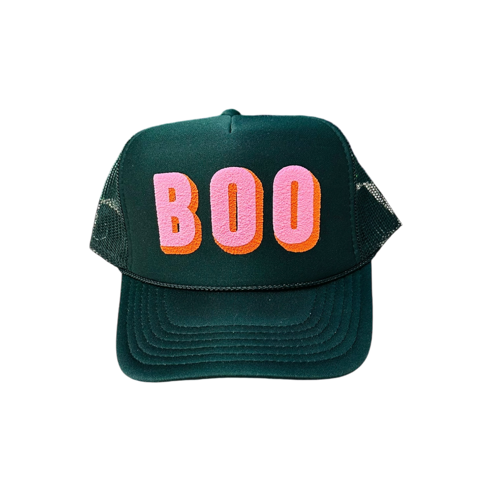 Accessories, Hats - BOO (light pink/orange double puff) - Black Trucker - - Cultured Cloths Apparel