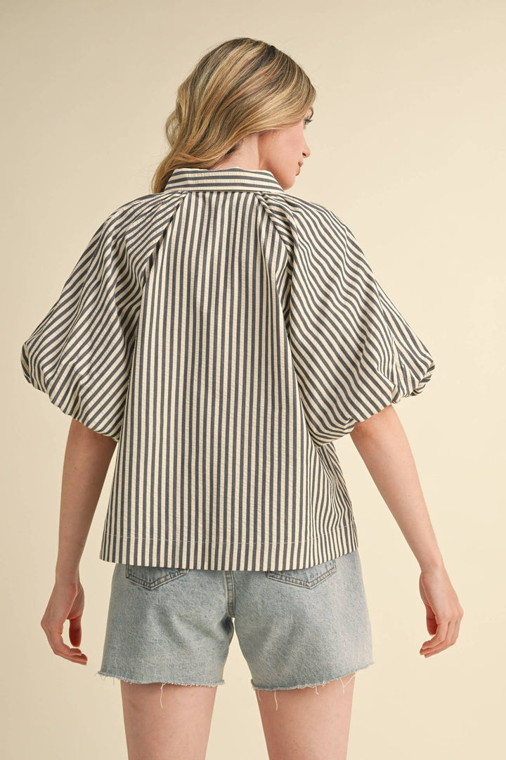 Women's Short Sleeve - STRIPED BUBBLE SLEEVE BUTTON DOWN TOP - - Cultured Cloths Apparel