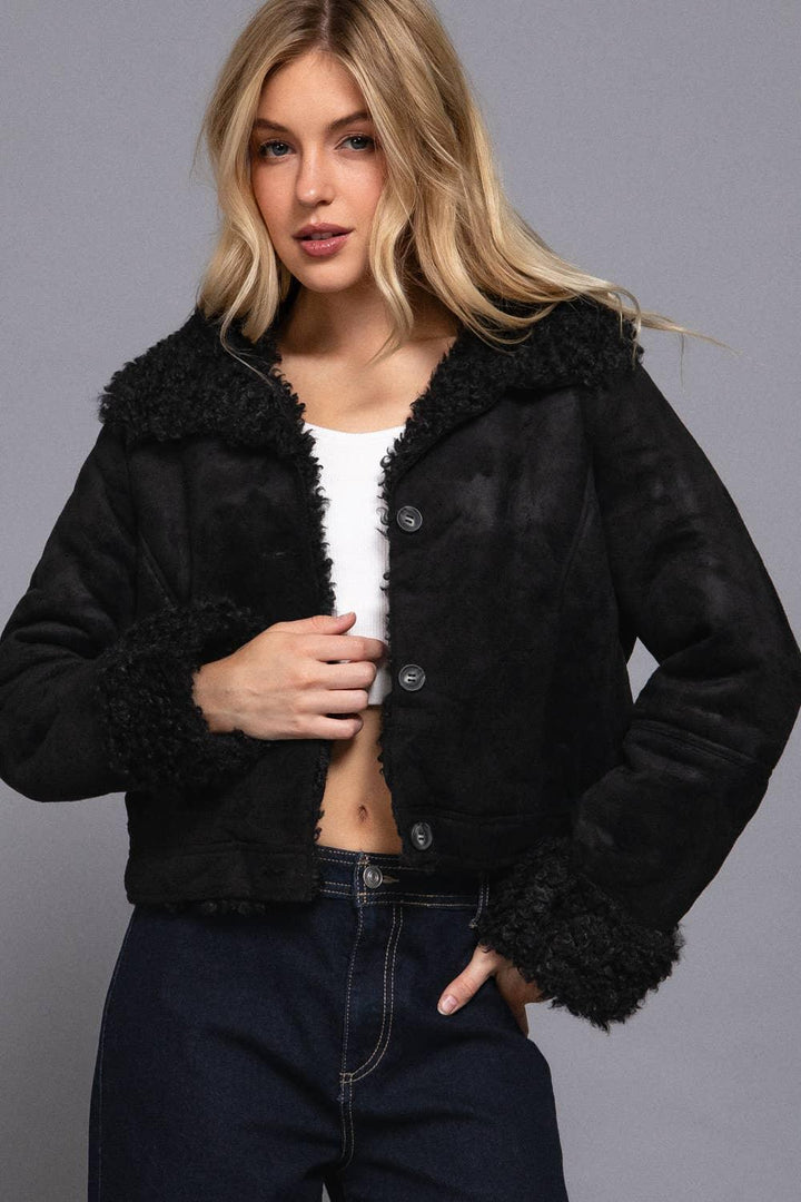 Outerwear - Long Sleeve Inside Fur Detail Penny Lane Suede Short Jacket - - Cultured Cloths Apparel