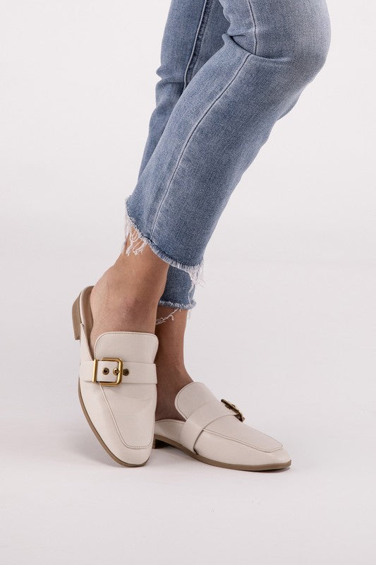 Shoes - Chantal-S Buckle Backless Slides Loafer Shoes - Ivory - Cultured Cloths Apparel
