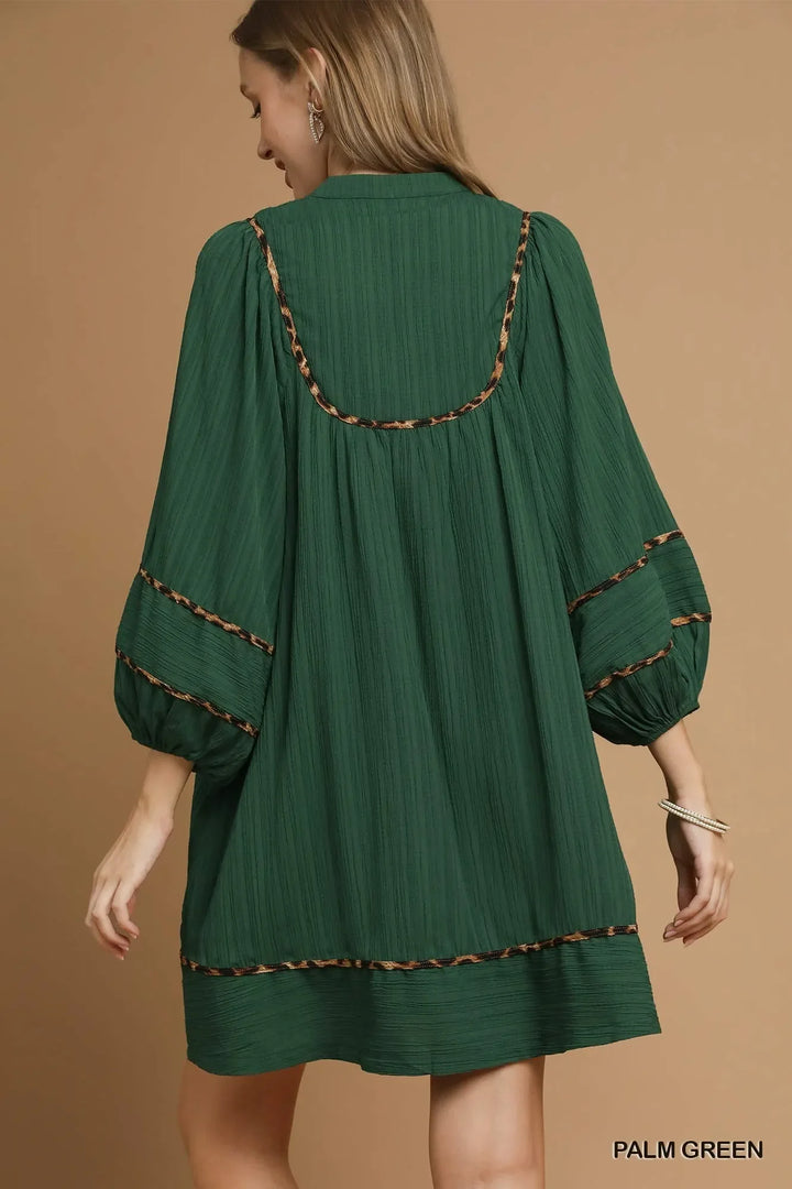 Women's Dresses - Umgee Textured Babydoll Dress with Leopard Trim - - Cultured Cloths Apparel