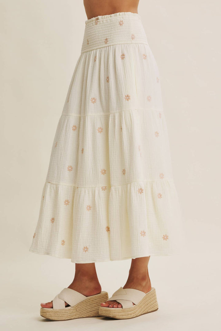 Women's Skirts - SUNSET FIELD EMBROIDERED COTTON GAUZE SMOCKED MIDI SKIRTS - - Cultured Cloths Apparel