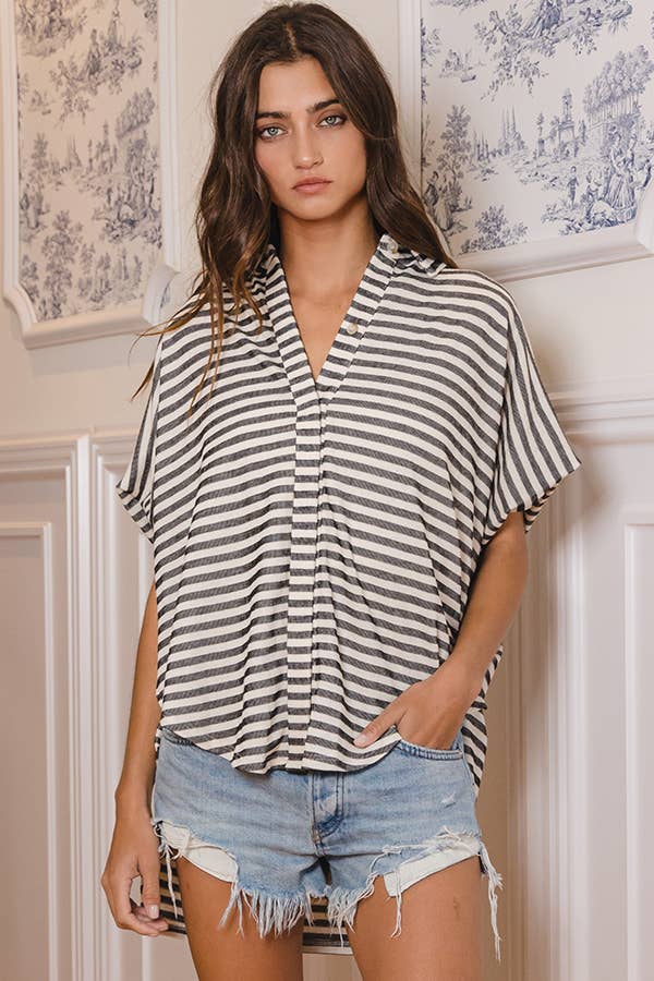 Women's Short Sleeve - Short Dolman Sleeve Oversized Stripe Shirt Top - - Cultured Cloths Apparel