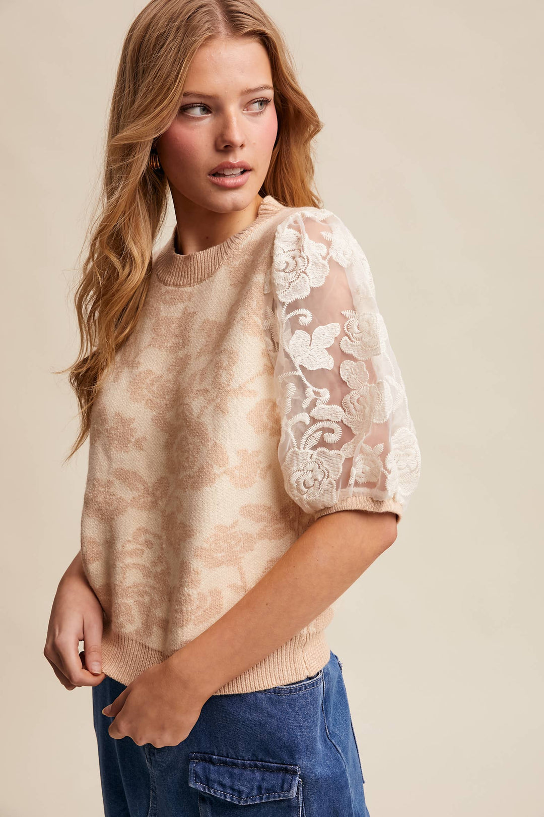 Women's Short Sleeve - Rose Embroidered Contrast Knit Top - - Cultured Cloths Apparel