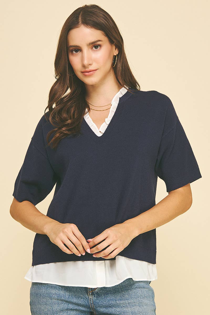Women's Short Sleeve - MIXED MEDIA LAYERED KNIT TOP - - Cultured Cloths Apparel