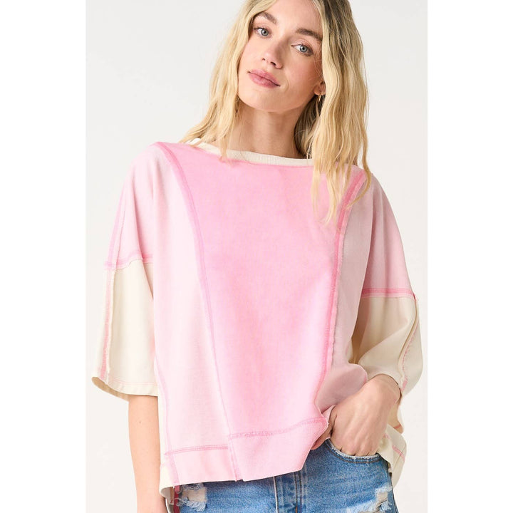 Women's Short Sleeve - MINERAL WASH COLOR BLOCK RELAXED FIT SHORT SLEEVE TOP - - Cultured Cloths Apparel