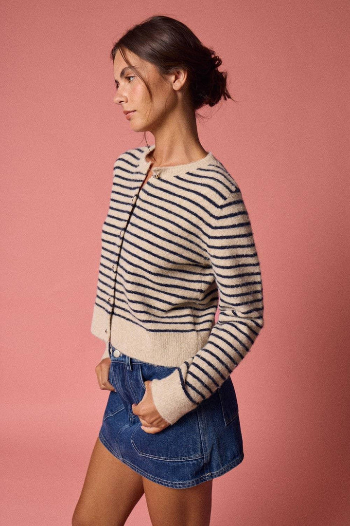 Women's Sweaters - Striped Button-Up Knit Cardigan - - Cultured Cloths Apparel