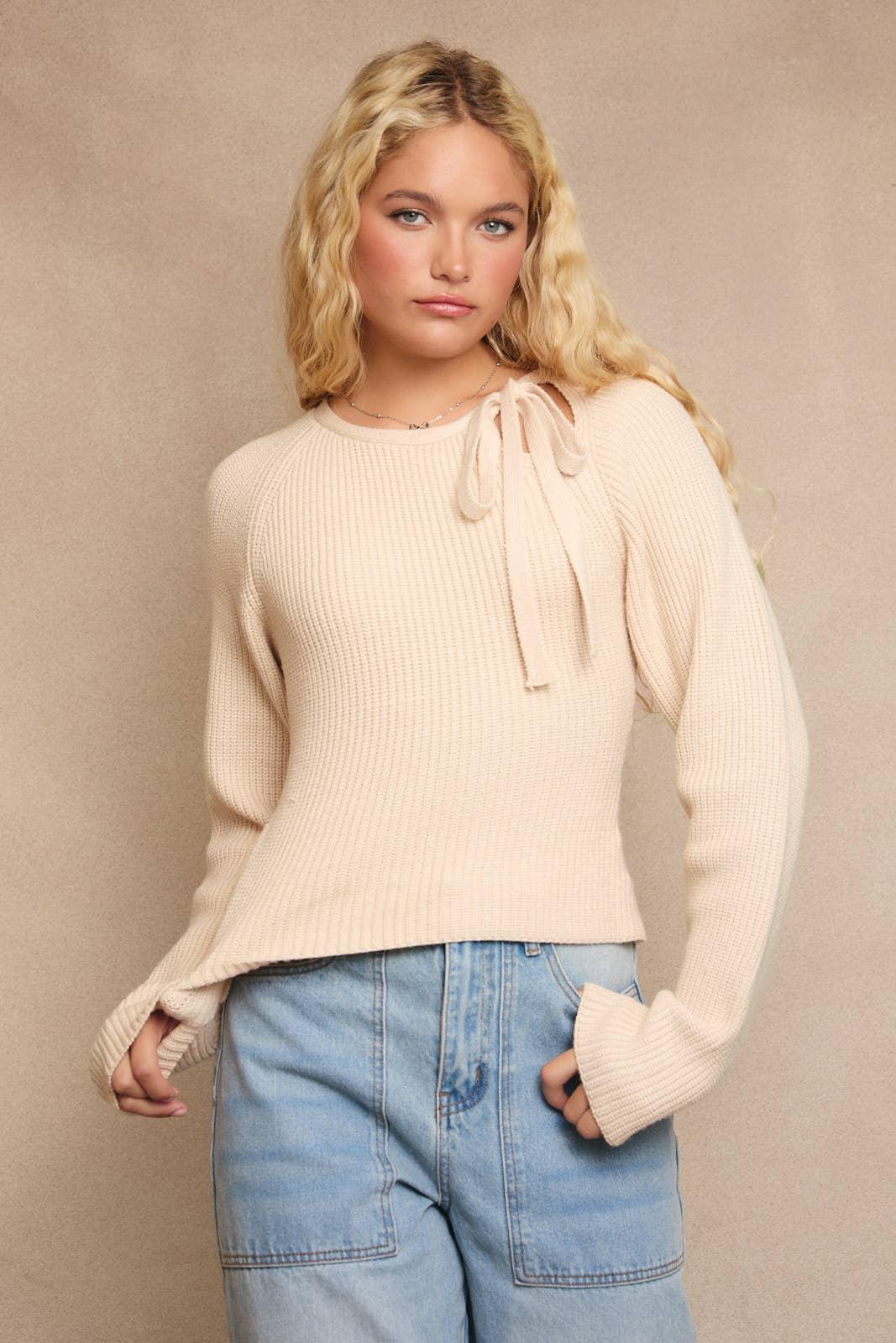 Women's Sweaters - ROUND NECK SWEATER WITH RIBBON BOW DETAIL ON THE SHOULDER - - Cultured Cloths Apparel