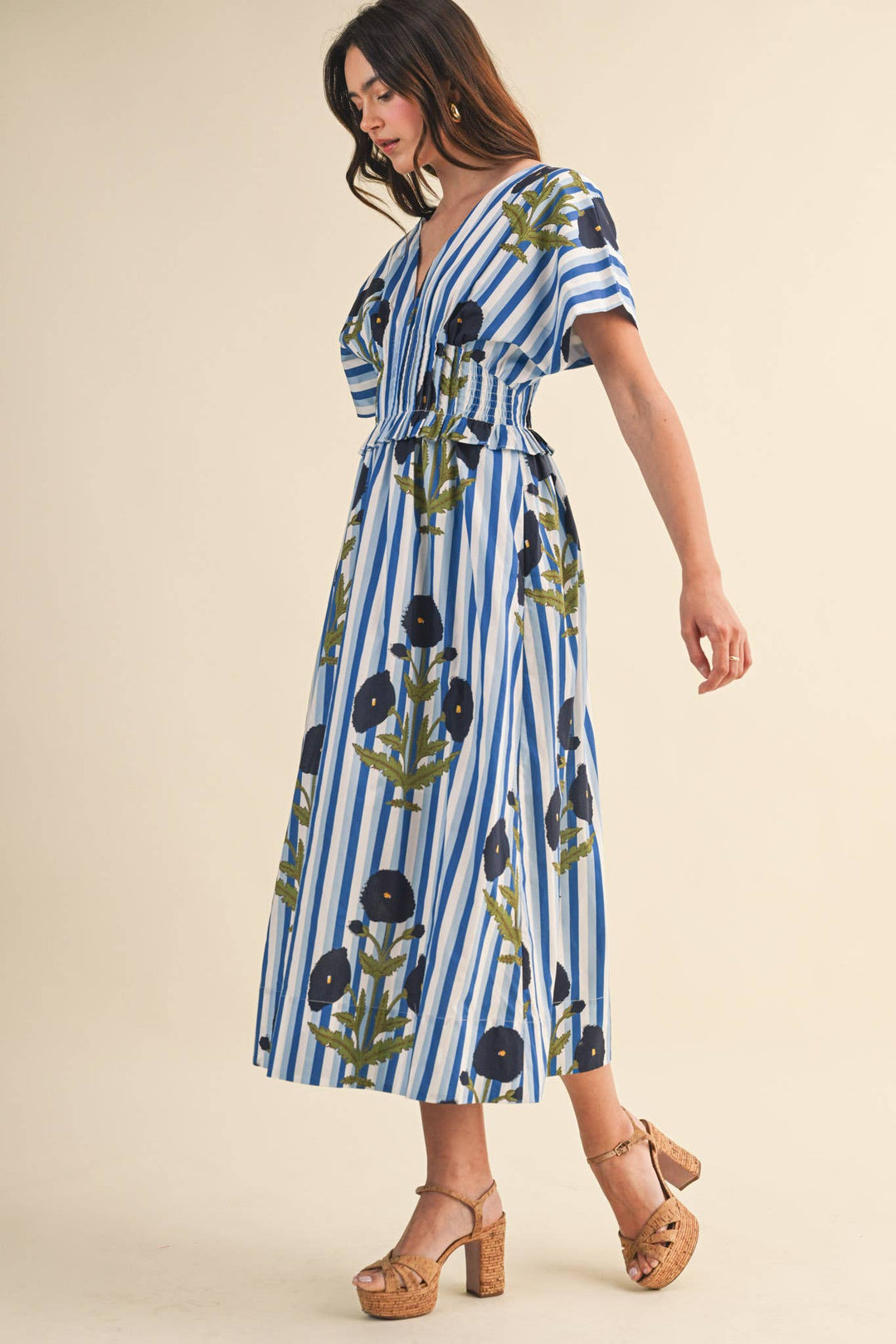Dresses - STRIPED FLORAL PIN TUCK WAIST MIDI DRESS - - Cultured Cloths Apparel