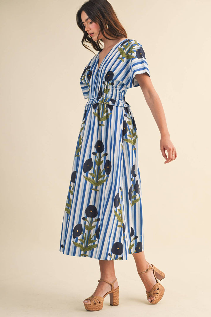 Dresses - STRIPED FLORAL PIN TUCK WAIST MIDI DRESS - - Cultured Cloths Apparel