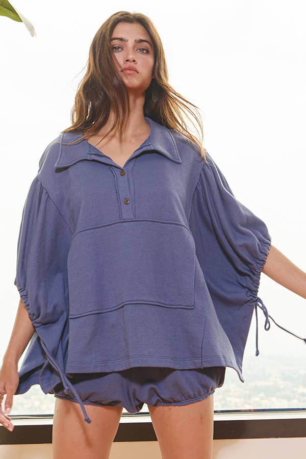 Women's Short Sleeve - Gray Oversized Drawstring Tie Sleeves Detail Solid Top - - Cultured Cloths Apparel