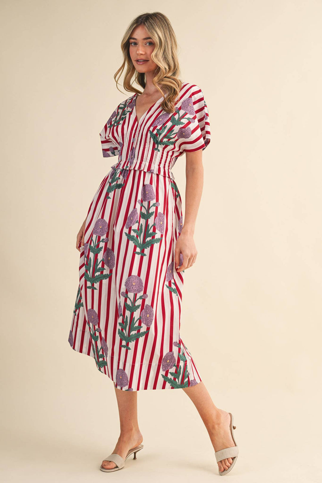 Dresses - STRIPED FLORAL PIN TUCK WAIST MIDI DRESS - - Cultured Cloths Apparel