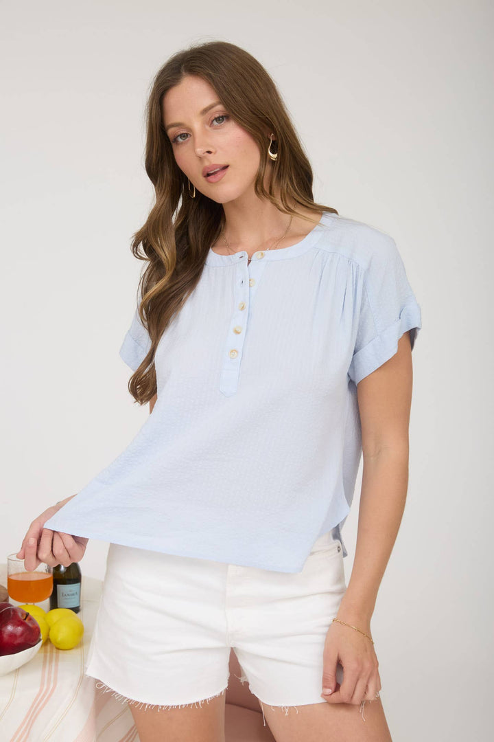 RUCHED SHOULDER DETAIL SHORT SLEEVE HENLEY TOP