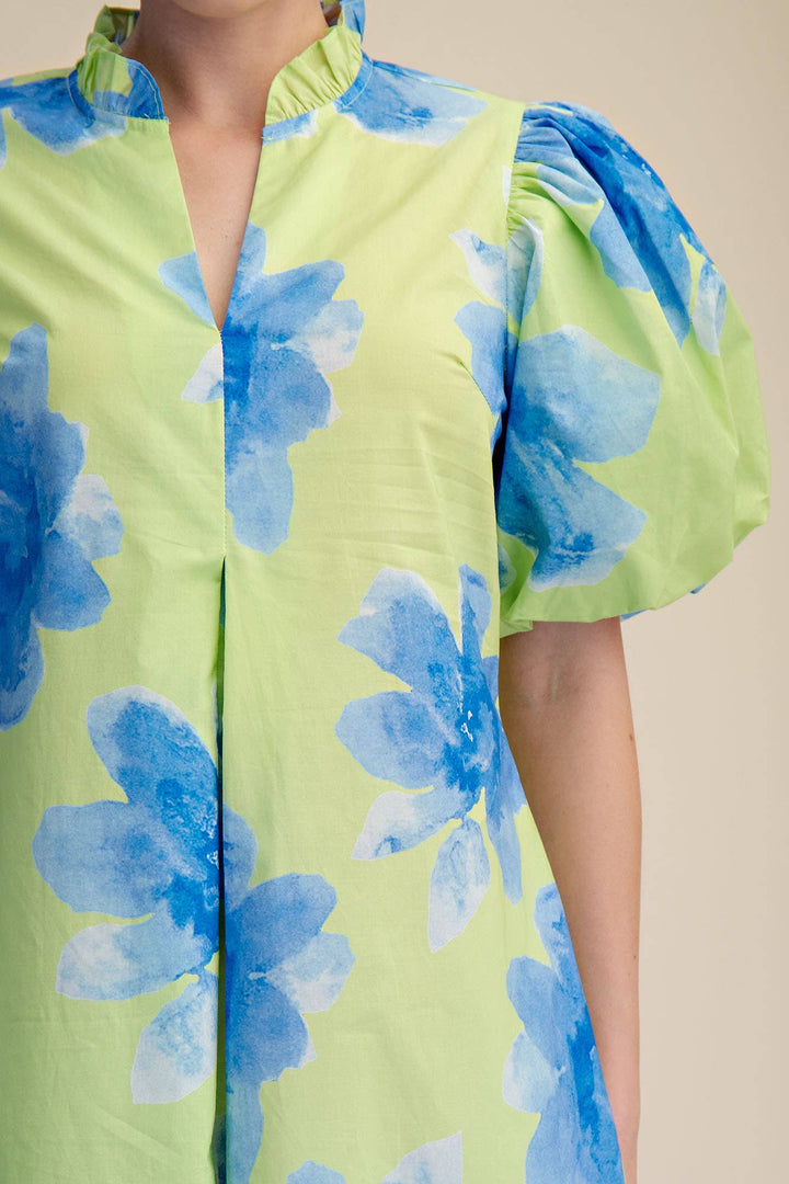 Lime Ruffle V-Neck Puff Sleeve Waist Pleated Midi Dress