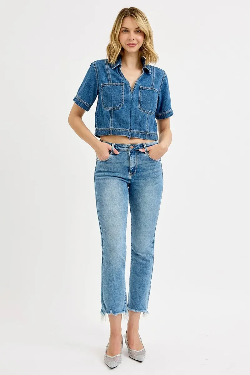 Denim - RISEN Full Size High Rise Crop Straight Slim Jeans Plus Size - - Cultured Cloths Apparel