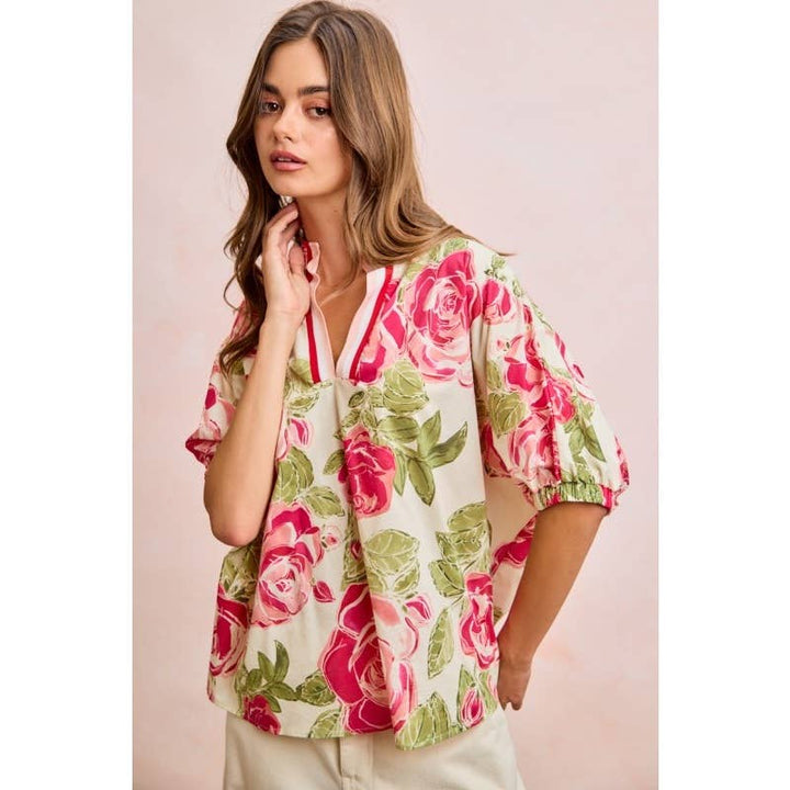 Women's Short Sleeve - Floral Contrast Banded Dolman Sleeves Blouse Top - - Cultured Cloths Apparel
