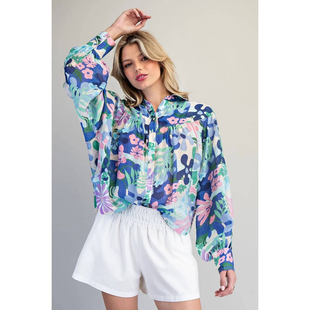Blue Floral Print Blouse