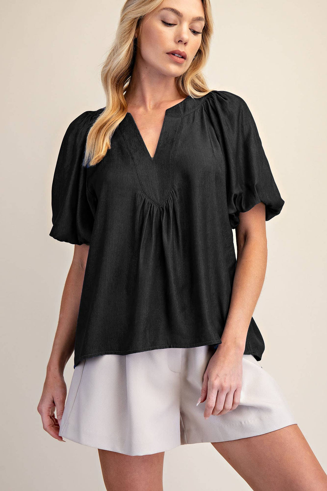 - V-Neck Placket Balloon Sleeve Top - - Cultured Cloths Apparel