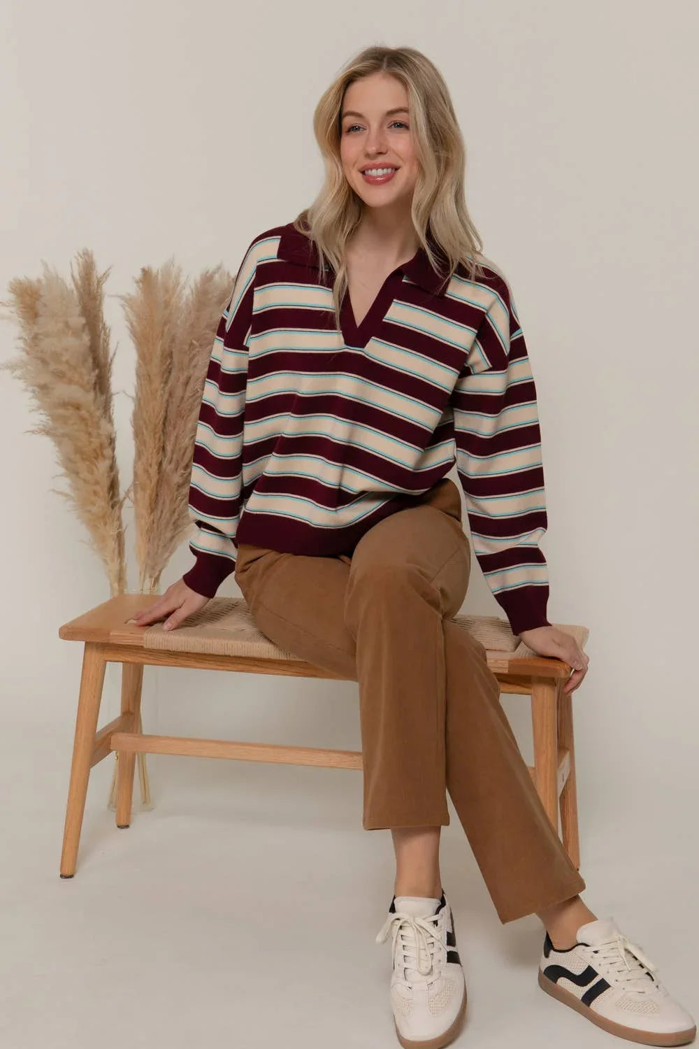 Women's Sweaters - Long Sleeve Multi Stripe Polo Sweater - - Cultured Cloths Apparel